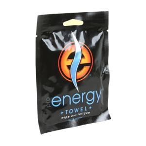 Front view of a black energy towel packet with an orange and blue logo and energy + TOWEL + wipe out fatigue text.