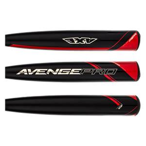 Top-down view of black baseball bats with red accents and white logos.