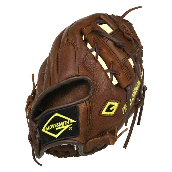 Side view of a brown baseball glove with a yellow Glovesmith logo and FIELD COMMAND text.