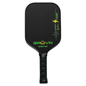 Front view of a black GRUVN RAW-16H pickleball paddle with green text and a green grip.