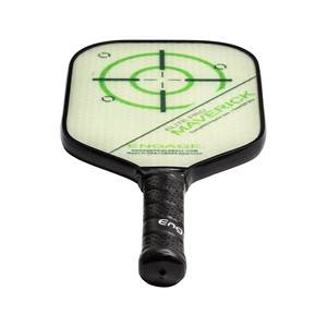 Top-down view of a light green pickleball paddle with a green target design and Maverick text.
