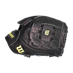 Side view of a black baseball glove with yellow Wilson logos and white stitching.
