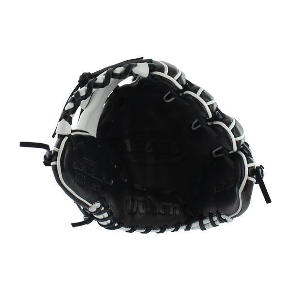 Interior view of a black Wilson baseball glove with white lacing and a Wilson logo.