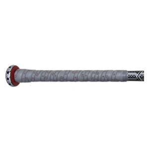 Side view of a gray baseball bat with a red end cap and a checkered pattern on the barrel.