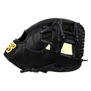 Side view of a black baseball glove with yellow BB logo and cream-colored padding.