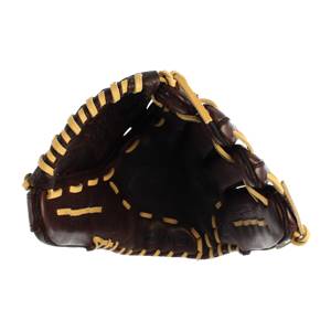Top-down view of a brown softball glove with tan lacing and a deep pocket.
