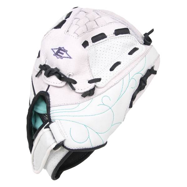Side view of a white youth softball glove with black lacing and teal swirl embroidery.