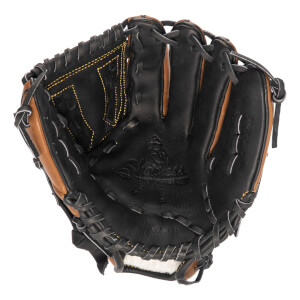 Top-down view of a black and tan baseball glove with Shoeless logo and yellow stitching.