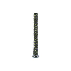 Close-up of a black baseball bat grip with a lime green diamond pattern and a black end cap.