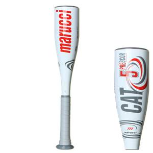 Front view of a white baseball bat with red marucci text and a gray grip.