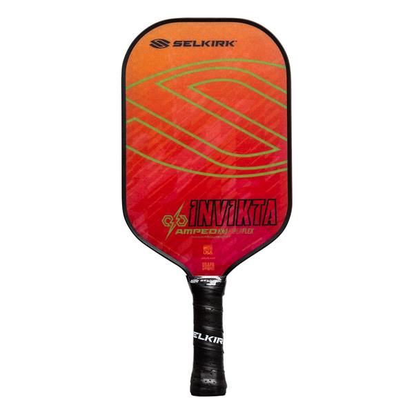 Front view of a red and orange pickleball paddle with green lines, INV IKTA text, and a black grip with SELKIRK branding.