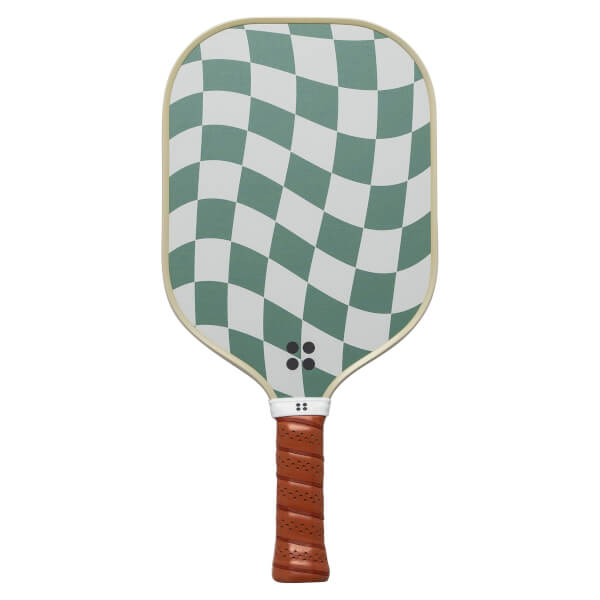 Front view of a green and white checkered pickleball paddle with a brown grip and four black dots.