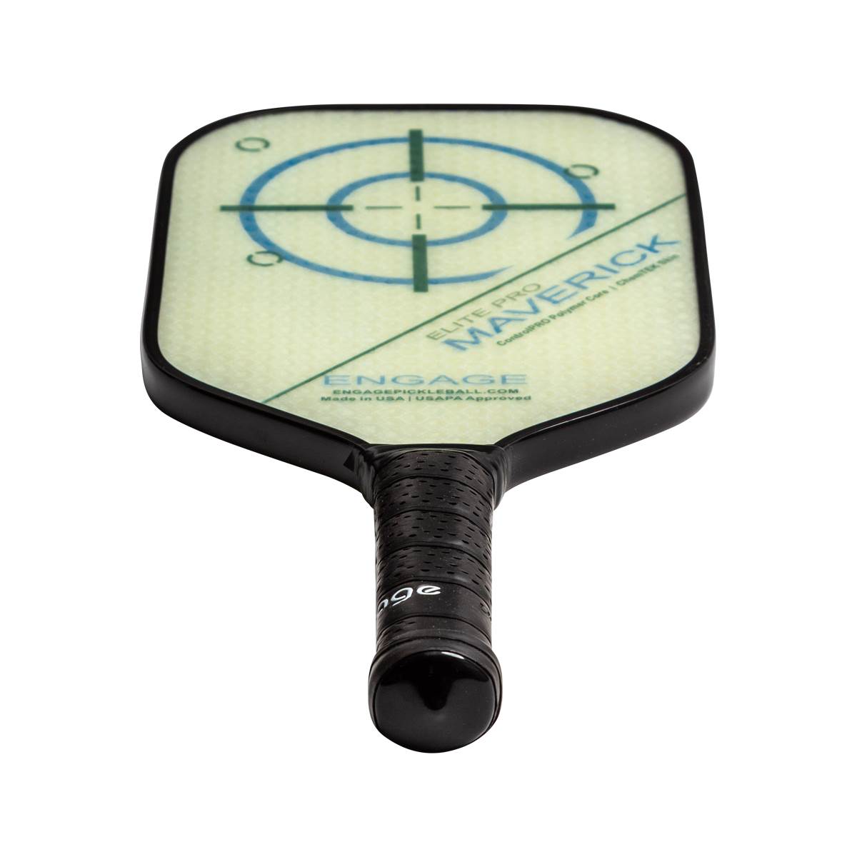 Top-down view of a light green pickleball paddle with a target design, Elite Pro Maverick text, and black grip.