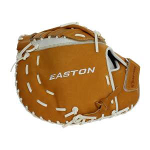Front view of a tan Easton first base mitt with white lacing and a white wrist strap.