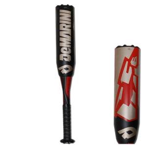 Front view of a black DeMarini CF6 fastpitch softball bat with red accents and a textured grip.