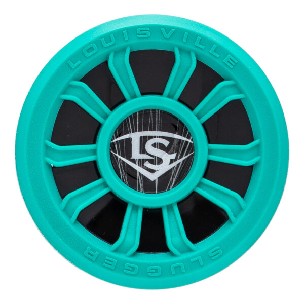 Top-down close-up of a teal bat end cap with embossed LOUISVILLE SLUGGER text and a central LS logo.