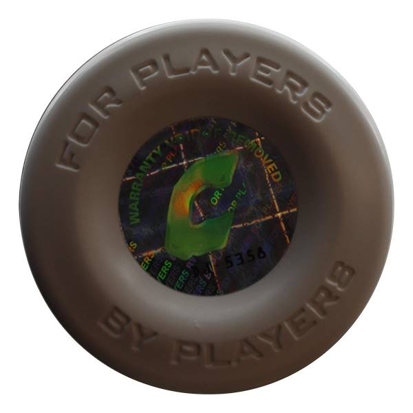 Top-down view of a brown softball bat end cap with FOR PLAYERS BY PLAYERS text and a holographic warranty sticker.