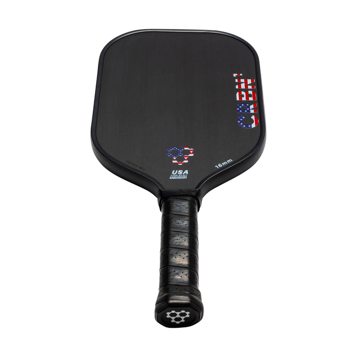 Front view of a black pickleball paddle with CRBN text and USA flag graphic.