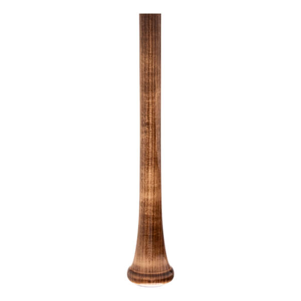 Close-up of a brown baseball bat handle with a flared taper, rounded knob, and visible wood grain.