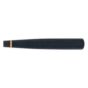 Side view of a dark blue baseball bat with a gold band near the knob.