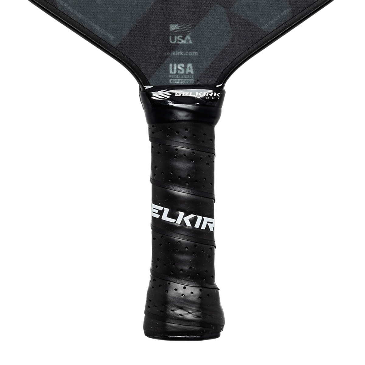 Close-up of a black pickleball paddle grip with perforated texture and white ELKIR branding.
