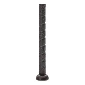 Close-up of a black baseball bat grip with a textured pattern and a rounded knob.