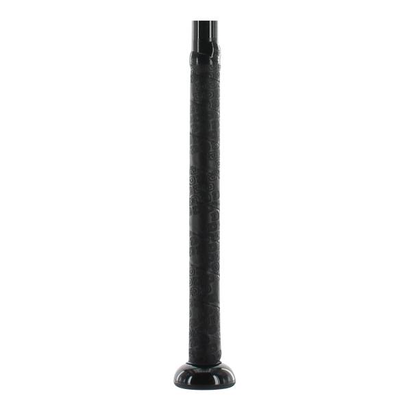 Close-up of a black baseball bat handle with a patterned grip and a black end cap.