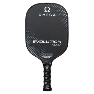 Front view of a black pickleball paddle with Omega logo, EVOLUTION MAX text, and a white-stitched grip.