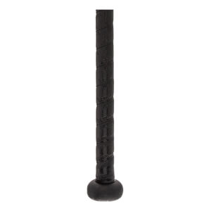 Close-up of a black baseball bat grip with a textured spiral pattern and a black knob.