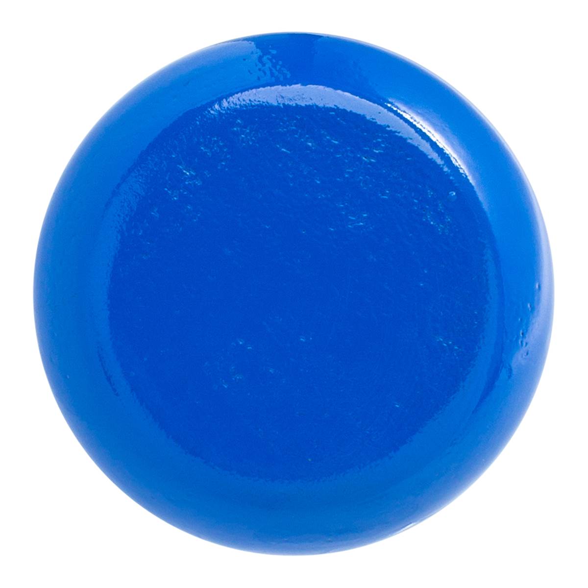 Top-down view of a blue training bat end with a smooth, rounded surface.