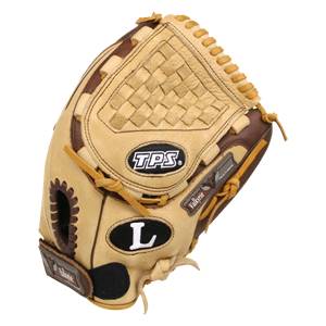 Front view of a tan and brown fastpitch glove with TPS logo, Valkyrie branding, and a large L.
