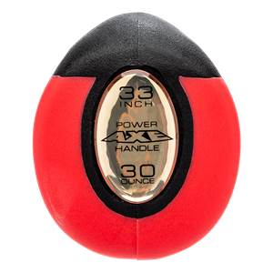 End view of a red and black baseball bat with 33 INCH, POWER AXE HANDLE, and 30 OUNCE text.