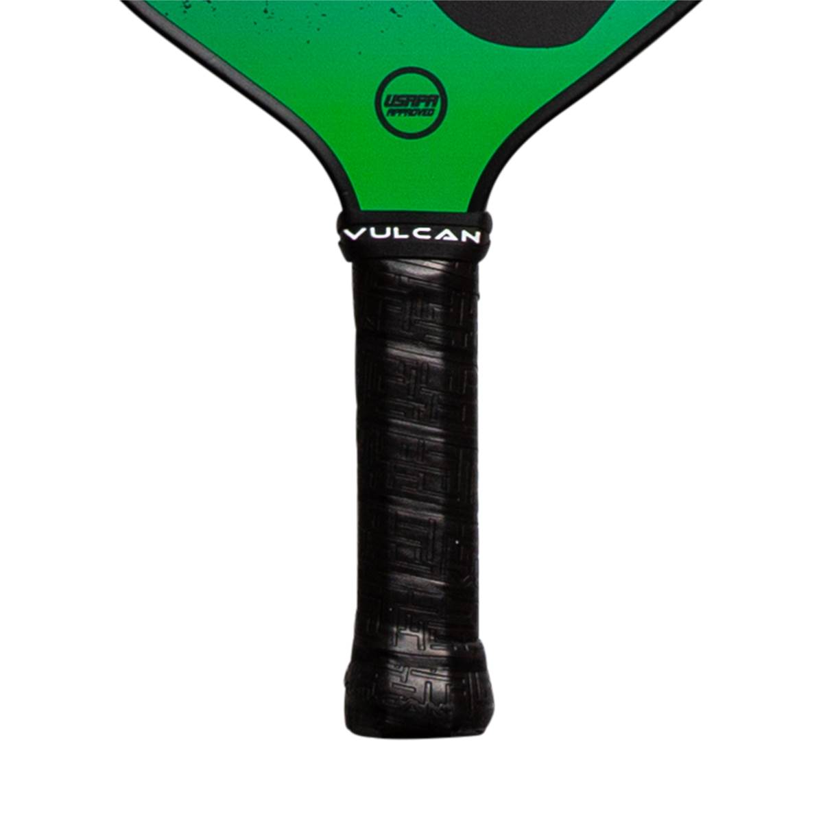 Close-up of a green pickleball paddle with a black grip, VULCAN text, and USAPA approved logo.