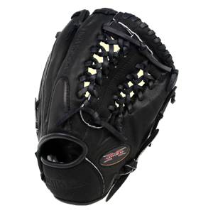 Front view of a black baseball glove with intricate lacing and a Miken logo.