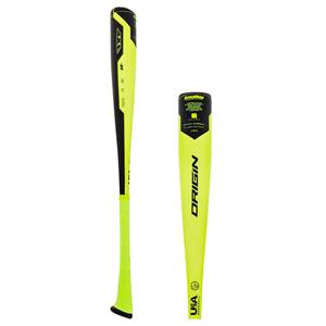 Side view of a yellow baseball bat with black accents, AXE logo, and ORIGIN text.