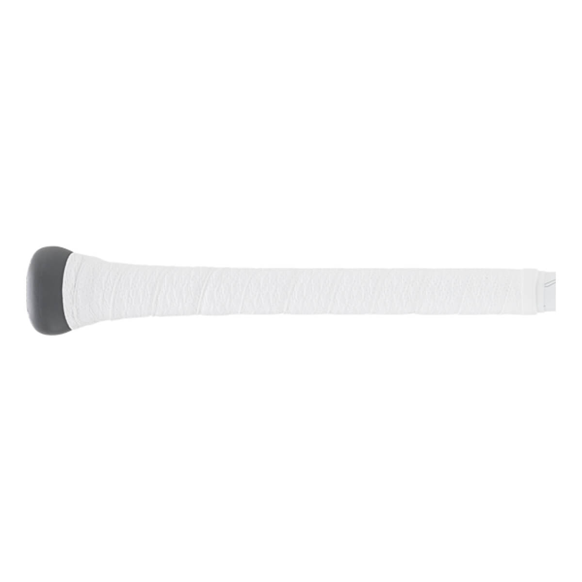 Side close-up of the baseball bat handle featuring white textured grip tape and a grey flared knob.