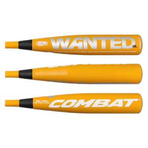 Three views of a yellow baseball bat with WANTED and COMBAT branding.