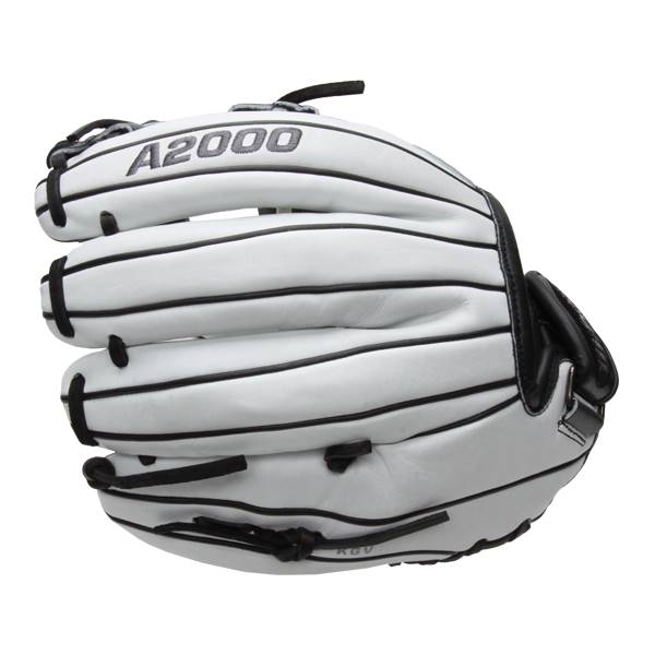 Side view of a white Wilson A2000 fastpitch glove with black lacing and A2000 branding.