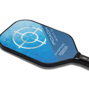 Top-down view of a blue pickleball paddle with a target design and POACH INFINITY SX text.