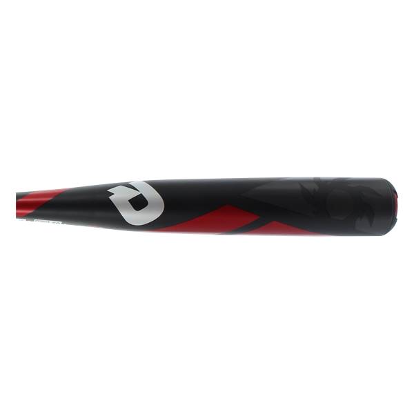 Side view of a black baseball bat with red accents and a white DeMarini logo.
