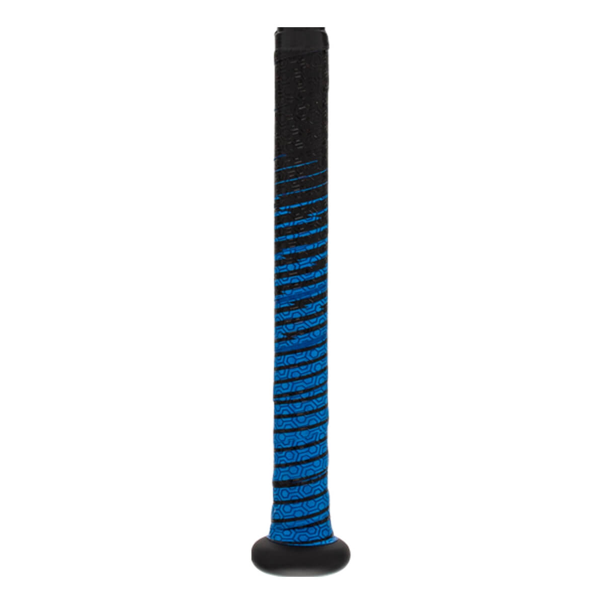 Close-up of a black baseball bat handle with blue spiral grip and black end cap.