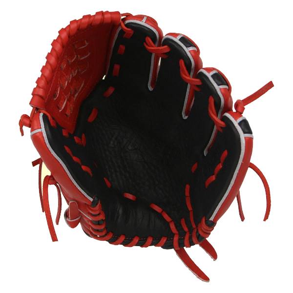 Interior view of a scarlet baseball glove with black palm and red lacing.