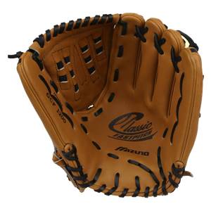 Top-down view of a tan fastpitch glove with black lacing and Mizuno Classic Fastpitch branding.