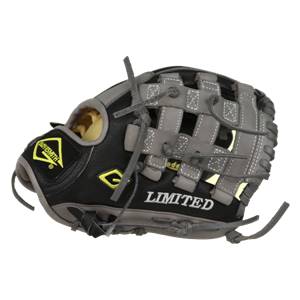 Side view of a black and gray baseball glove with LIMITED text and yellow branding.