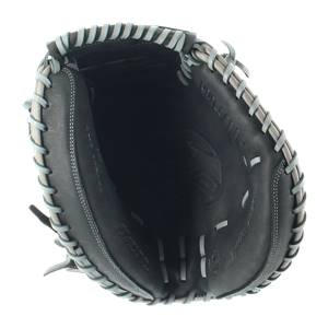 Top-down view of a black catchers mitt with light gray lacing and PRO-SMOOTH text.