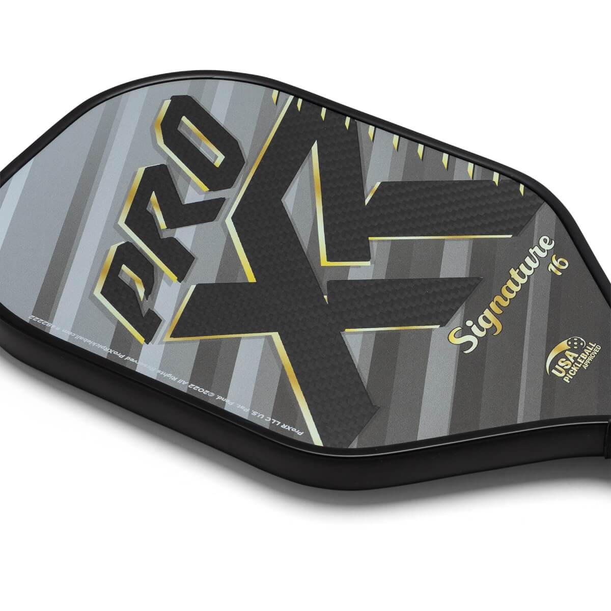 Corner view of a gray and black pickleball paddle with PROXR and Signature 16 text.