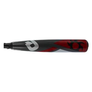 Side view of a black baseball bat with a white DeMarini logo and red flame graphics.