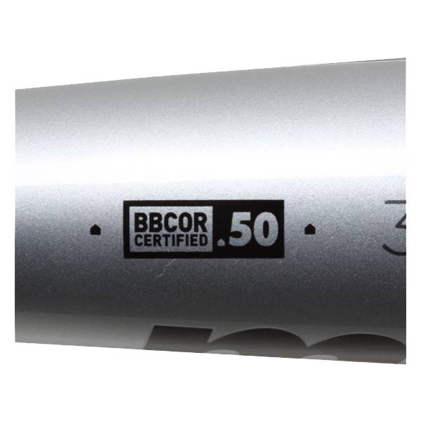Close-up of a silver baseball bat with a black BBCOR CERTIFIED .50 logo.