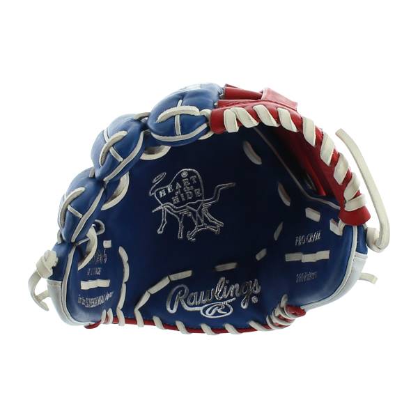 Inside view of a blue and red baseball glove with Rawlings branding and Heart of the Hide logo.