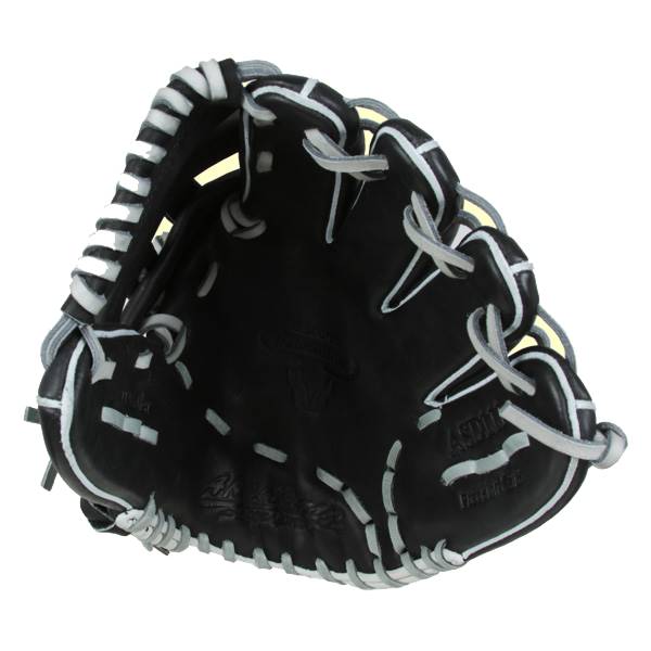 Corner view of a black baseball glove with white lacing and ASD111 visible.